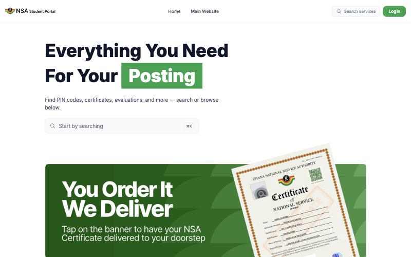 The NSA Student Portal, with search for PIN codes, certificates and postings